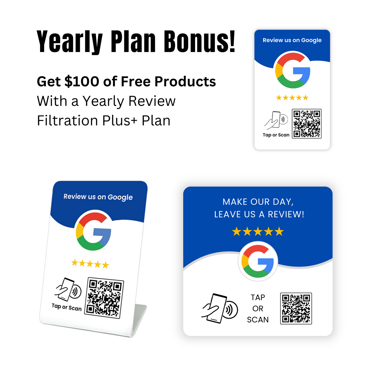 Three Google review cards with QR codes on a white background, promoting a yearly plan bonus offer.