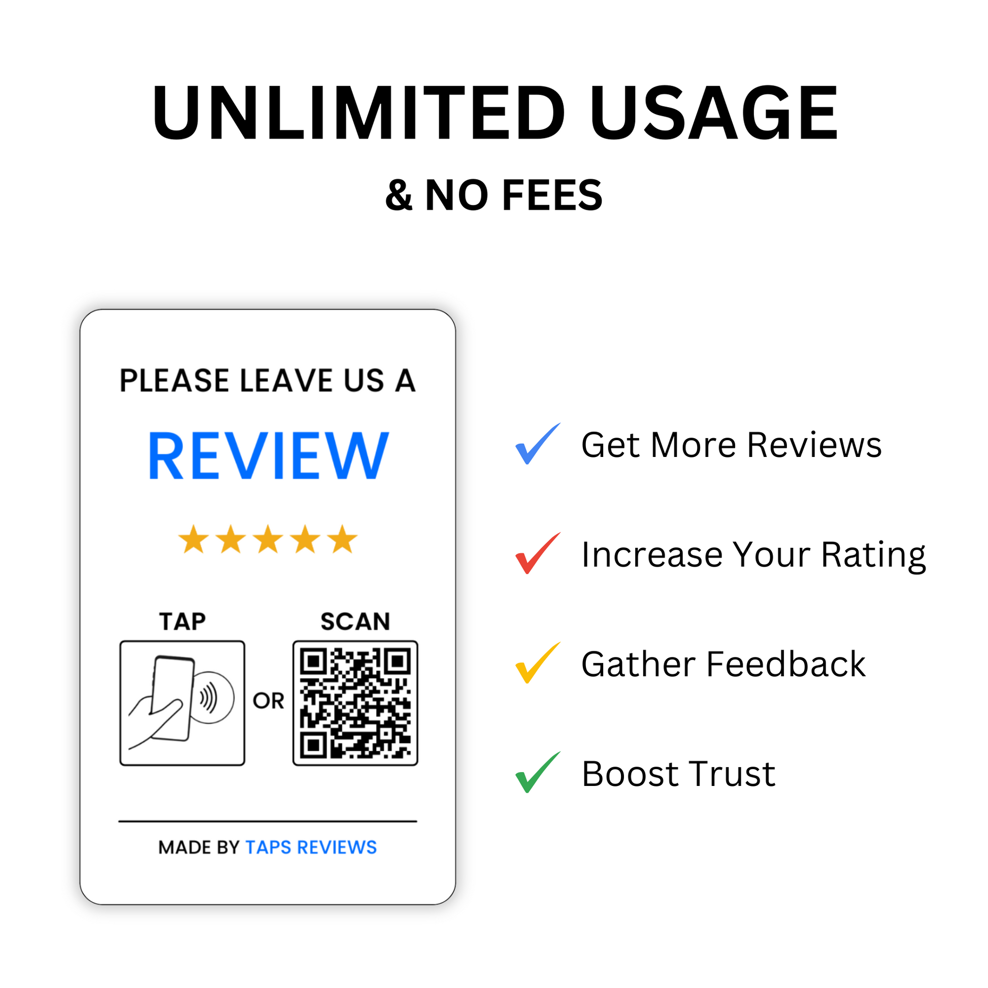 Google Review Card Benefits, Get more reviews, Increase your star rating, Gather feedback, and boost trust