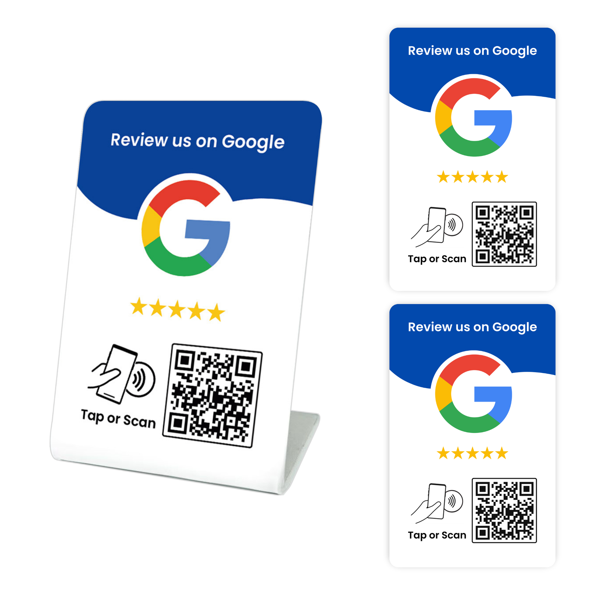 Two 'Review us on Google' cards with QR codes and one nfc google review stand