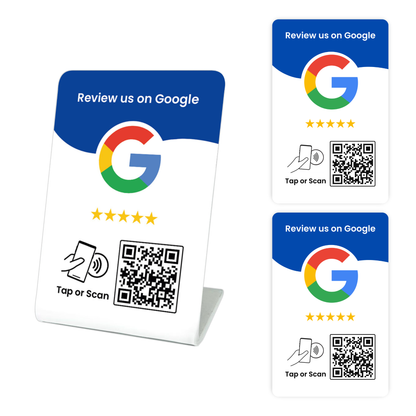 Two 'Review us on Google' cards with QR codes and one nfc google review stand